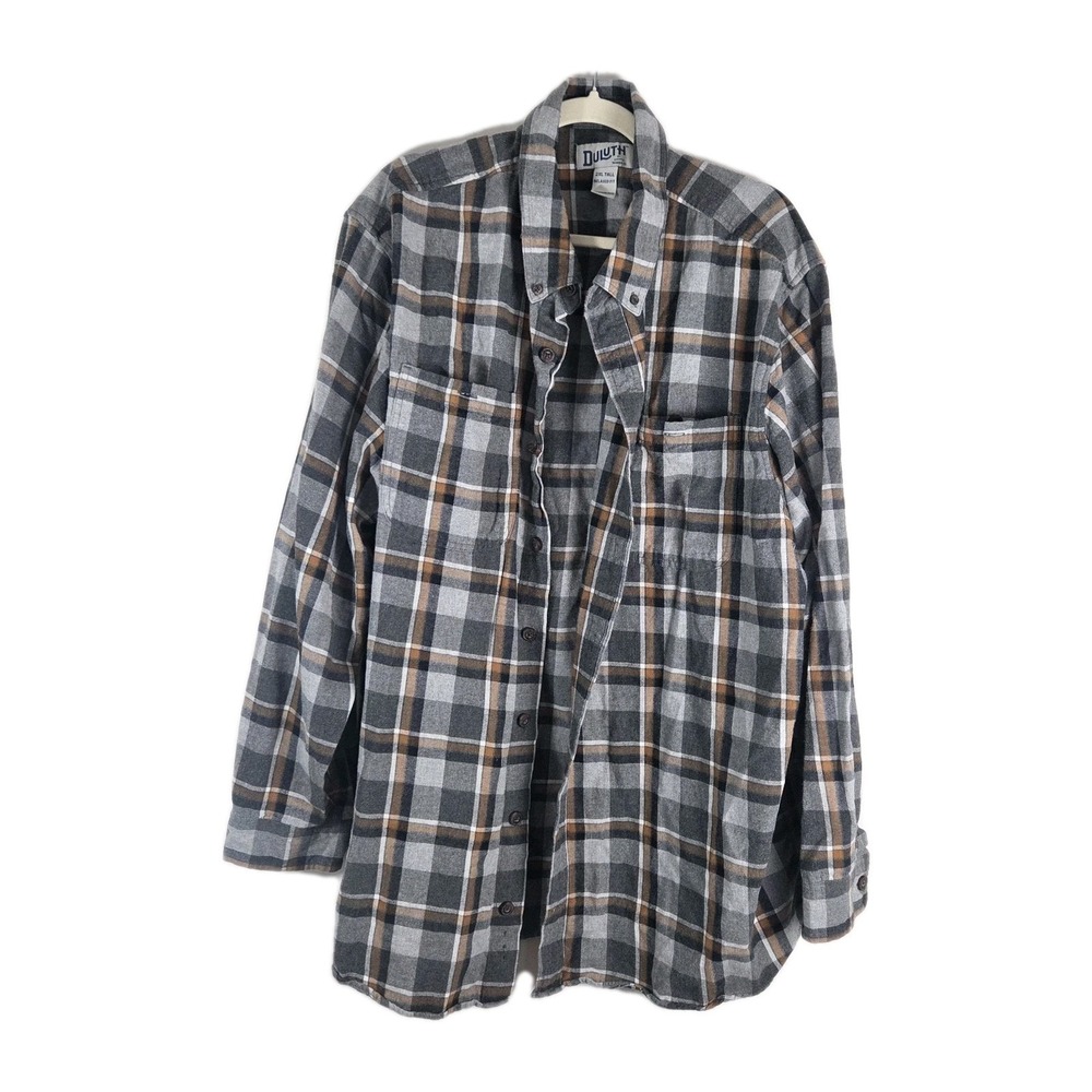 Duluth Mens Grey Plaid Fleece‎ Button Up Long Sleeve 2XL Tall Relaxed Fit